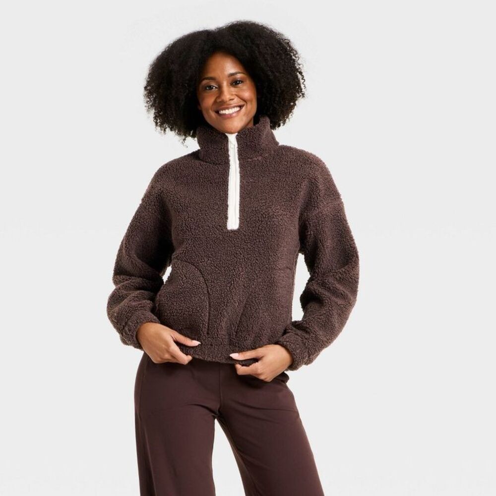 Women's High Pile Fleece 1/2 Zip Pullover Jacket - All In Motion Brown M